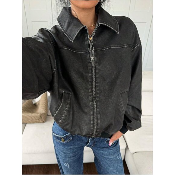 Women Black Faux Leather Jacket Zip Up Oversized Motorcycle Outfits Winter Coats - Picture 3 of 6